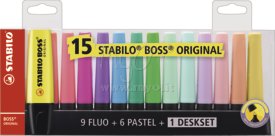 Stabilo® Boss Original, Evidenziatore, Punta a Scalpello, Spessore 2-5 mm., Colori Assortiti, 15 assortiti